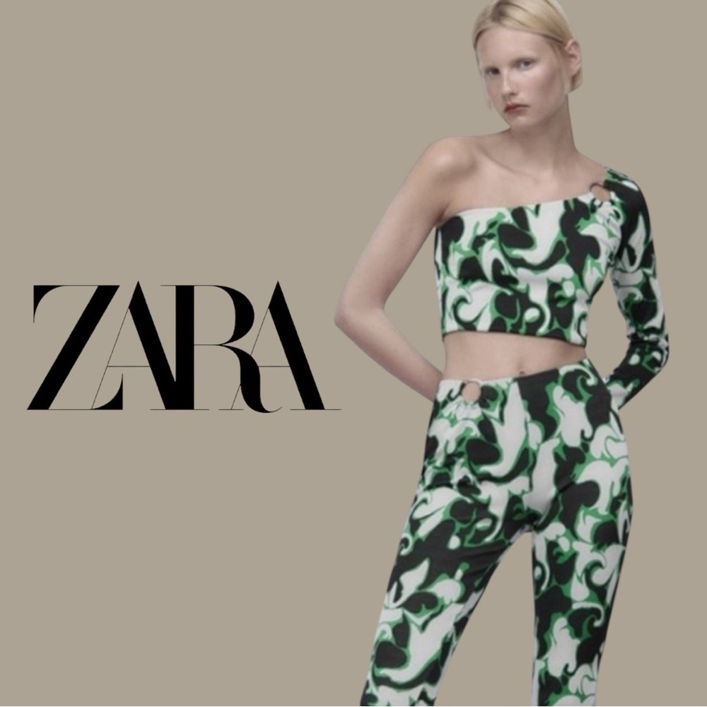 🌷Zara Y2K One Shoulder Crop Top Green Black Ring Detail Size Small 3/$30